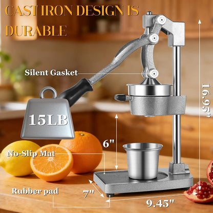 Cast Iron Manual Juicer Hand Press, Lemon Squeezer, Commercial-Grade Citrus Press Suitable for Oranges, Lemons, Limes, and Pomegranates Easy to Clean Includes Stainless Steel Cup, Black