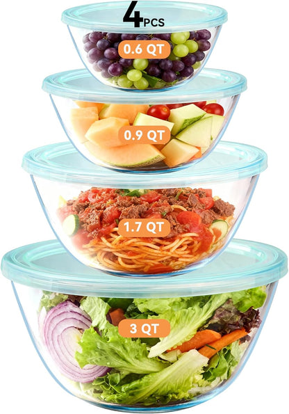 4 Pack Glass Mixing Bowls with Lids Set (3QT/1.7/0.9/0.6QT),Thick Glass Large Salad Bowl Set, Nesting Kitchen Bowls for Serving, Prepping, Cooking and Baking, Dishwasher, Oven,Microwave Safe