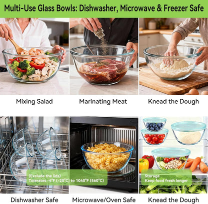 4 Pack Glass Mixing Bowls with Lids Set (3QT/1.7/0.9/0.6QT),Thick Glass Large Salad Bowl Set, Nesting Kitchen Bowls for Serving, Prepping, Cooking and Baking, Dishwasher, Oven,Microwave Safe