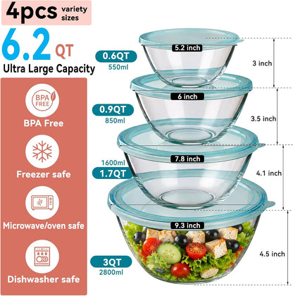 4 Pack Glass Mixing Bowls with Lids Set (3QT/1.7/0.9/0.6QT),Thick Glass Large Salad Bowl Set, Nesting Kitchen Bowls for Serving, Prepping, Cooking and Baking, Dishwasher, Oven,Microwave Safe