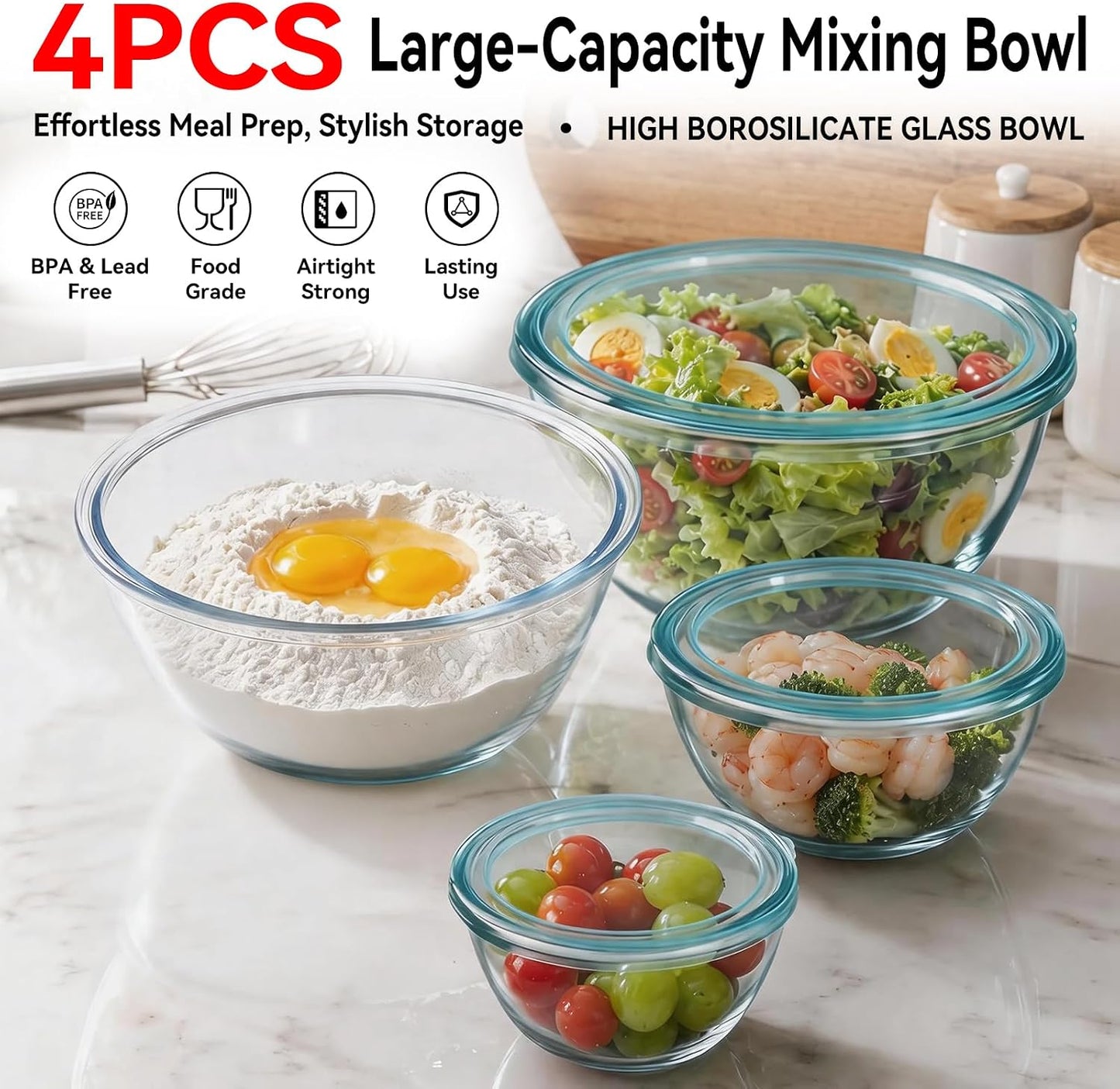 4 Pack Glass Mixing Bowls with Lids Set (3QT/1.7/0.9/0.6QT),Thick Glass Large Salad Bowl Set, Nesting Kitchen Bowls for Serving, Prepping, Cooking and Baking, Dishwasher, Oven,Microwave Safe
