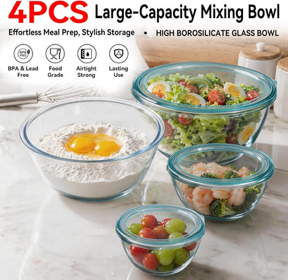 4 Pack Glass Mixing Bowls with Lids Set (3QT/1.7/0.9/0.6QT),Thick Glass Large Salad Bowl Set, Nesting Kitchen Bowls for Serving, Prepping, Cooking and Baking, Dishwasher, Oven,Microwave Safe