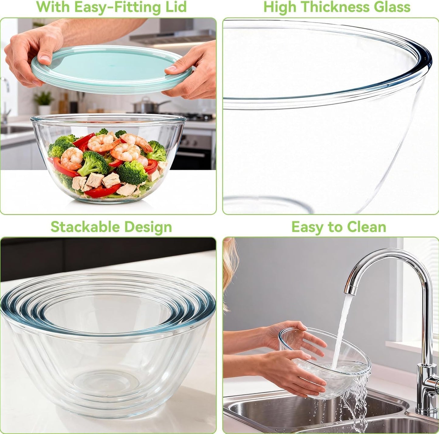 4 Pack Glass Mixing Bowls with Lids Set (3QT/1.7/0.9/0.6QT),Thick Glass Large Salad Bowl Set, Nesting Kitchen Bowls for Serving, Prepping, Cooking and Baking, Dishwasher, Oven,Microwave Safe