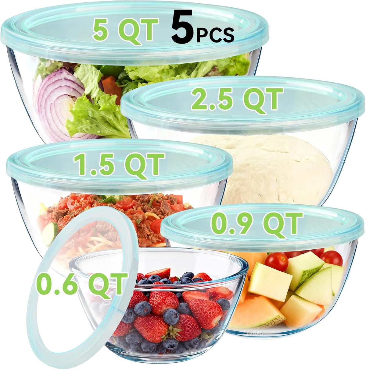 4 Pack Glass Mixing Bowls with Lids Set (3QT/1.7/0.9/0.6QT),Thick Glass Large Salad Bowl Set, Nesting Kitchen Bowls for Serving, Prepping, Cooking and Baking, Dishwasher, Oven,Microwave Safe
