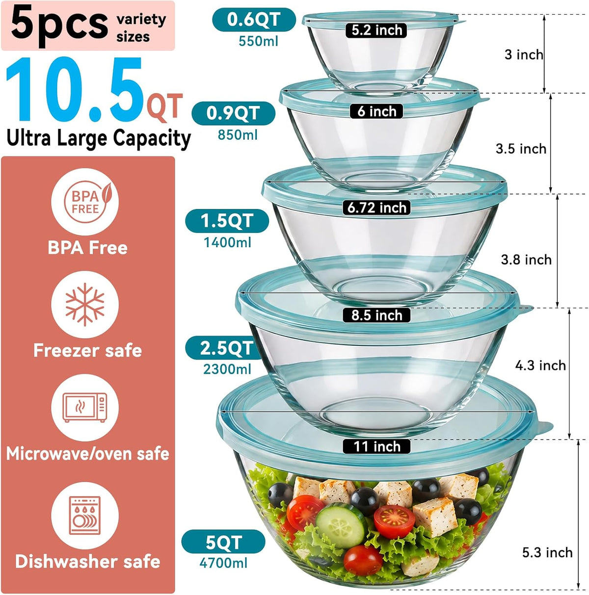 4 Pack Glass Mixing Bowls with Lids Set (3QT/1.7/0.9/0.6QT),Thick Glass Large Salad Bowl Set, Nesting Kitchen Bowls for Serving, Prepping, Cooking and Baking, Dishwasher, Oven,Microwave Safe