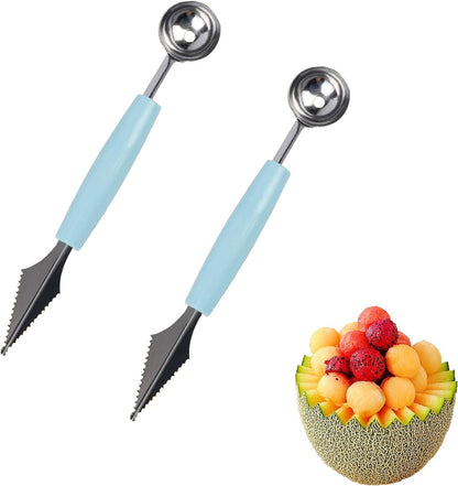 2 Pack Melon Baller Scoop,Stainless Steel Fruit Decoration Carving Knife,Melon Watermelon Cantaloupe Ice Cream Sorbet Dessert Dual Function Ball Spoon for Kitchen Tools