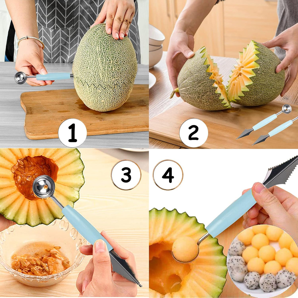 2 Pack Melon Baller Scoop,Stainless Steel Fruit Decoration Carving Knife,Melon Watermelon Cantaloupe Ice Cream Sorbet Dessert Dual Function Ball Spoon for Kitchen Tools