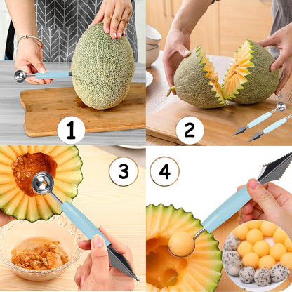 2 Pack Melon Baller Scoop,Stainless Steel Fruit Decoration Carving Knife,Melon Watermelon Cantaloupe Ice Cream Sorbet Dessert Dual Function Ball Spoon for Kitchen Tools
