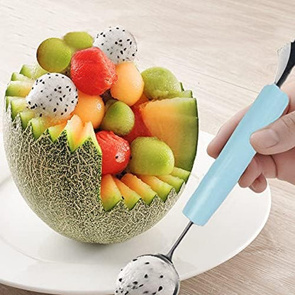 2 Pack Melon Baller Scoop,Stainless Steel Fruit Decoration Carving Knife,Melon Watermelon Cantaloupe Ice Cream Sorbet Dessert Dual Function Ball Spoon for Kitchen Tools
