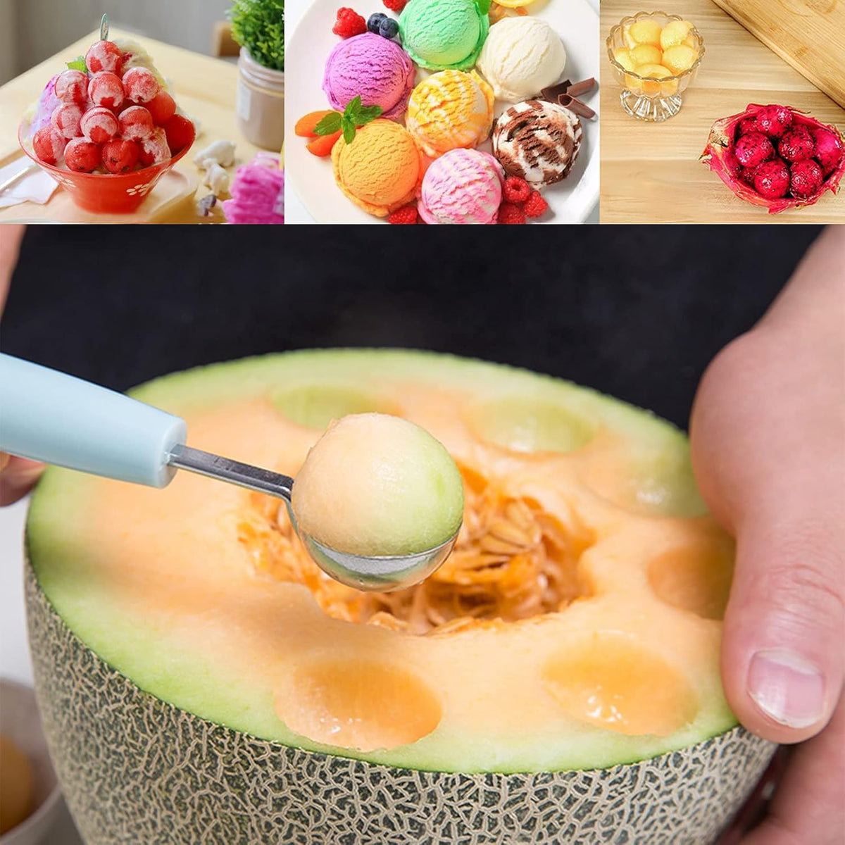 2 Pack Melon Baller Scoop,Stainless Steel Fruit Decoration Carving Knife,Melon Watermelon Cantaloupe Ice Cream Sorbet Dessert Dual Function Ball Spoon for Kitchen Tools