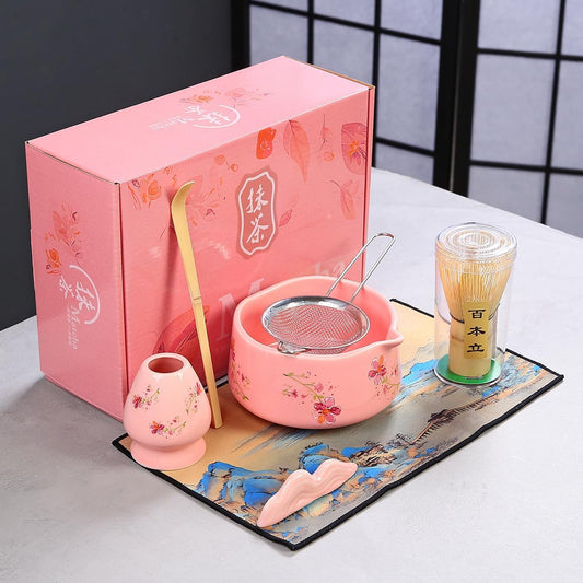 Matcha Set 7-Piece matcha whisk set，matcha kit,matcha set, 1 Scoops, Strainer,1 matcha whisk ，macha whisk set (pink)