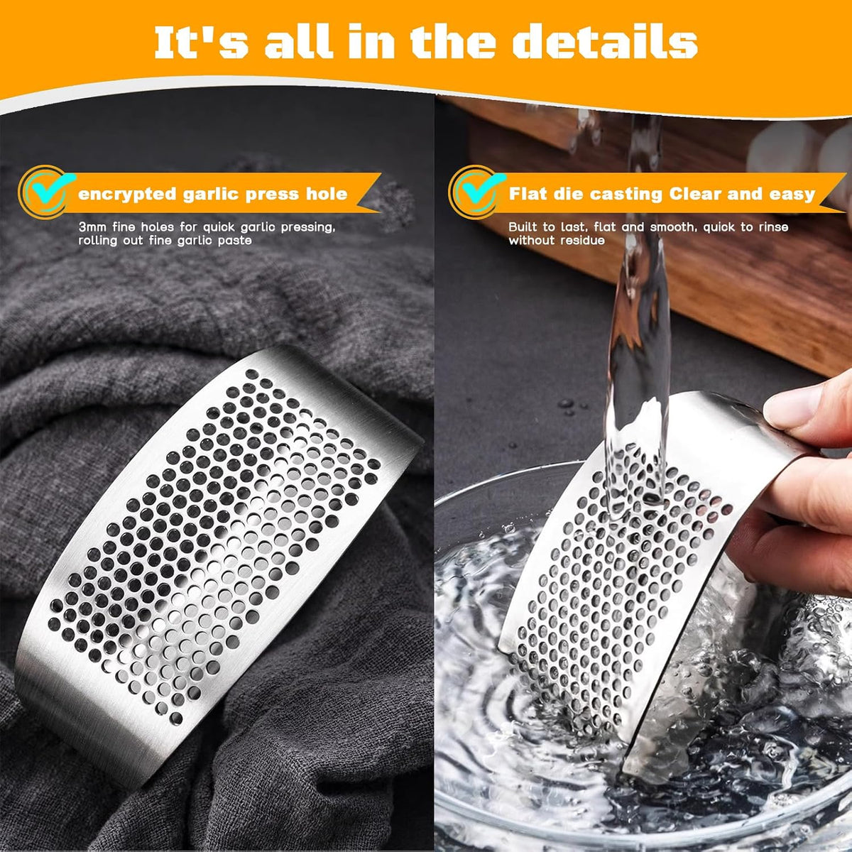 Garlic Press Rocker Heavy Duty Stainless Steel Garlic Mincer Garlic Crusher Garlic Chopper with Peeler And Scraper for Smash Garlic Built-in Bottle Opener