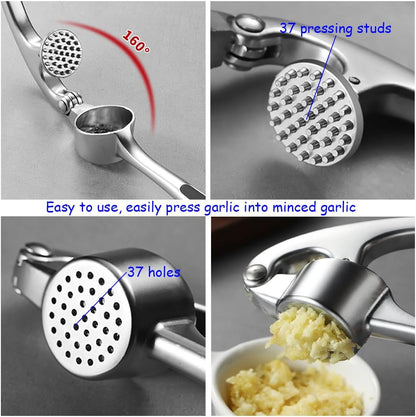 Premium Garlic Press And Peel Set,Heavy Duty Garlic Crusher,Rust Proof Garlic Mincer Tool,Easy to Squeeze And Clean, Ergonomic Handle Includes Silicone Garlic Peeler And Brush (Sivler)