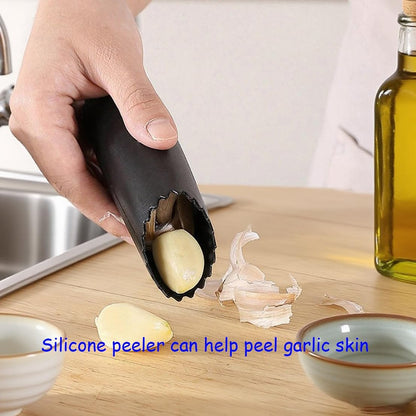 Premium Garlic Press And Peel Set,Heavy Duty Garlic Crusher,Rust Proof Garlic Mincer Tool,Easy to Squeeze And Clean, Ergonomic Handle Includes Silicone Garlic Peeler And Brush (Sivler)