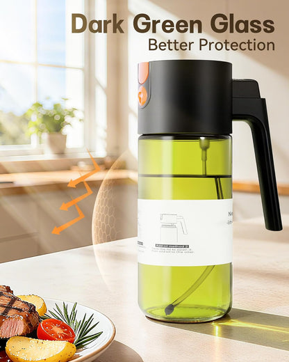 Upgrade 2 in 1 Oil Sprayer for Cooking, 17oz Light-Blocking Glass Olive Oil Dispenser Bottle for Kitchen, Food-Grade Oil Mister with 8 Stickers for Salad, Frying (Green Bottle-Black Gap)