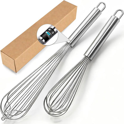 18/8 Stainless Steel Large Whisk Set of 2, 15.5 inch Heavy Duty Long Whisk and 12 inch Whisks, Suitable for Deep Pots or Big Bowl, Mixing, Beating, Blending