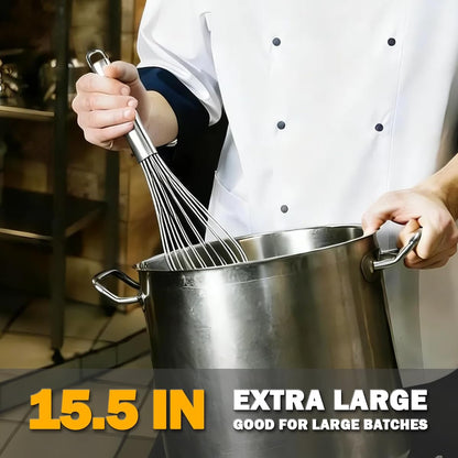 18/8 Stainless Steel Large Whisk Set of 2, 15.5 inch Heavy Duty Long Whisk and 12 inch Whisks, Suitable for Deep Pots or Big Bowl, Mixing, Beating, Blending