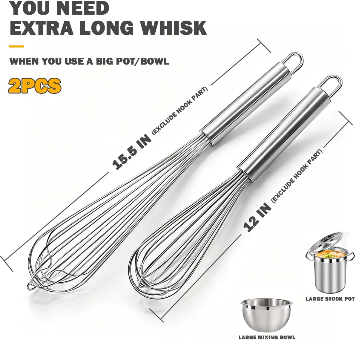 18/8 Stainless Steel Large Whisk Set of 2, 15.5 inch Heavy Duty Long Whisk and 12 inch Whisks, Suitable for Deep Pots or Big Bowl, Mixing, Beating, Blending