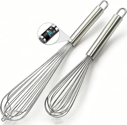 18/8 Stainless Steel Large Whisk Set of 2, 15.5 inch Heavy Duty Long Whisk and 12 inch Whisks, Suitable for Deep Pots or Big Bowl, Mixing, Beating, Blending