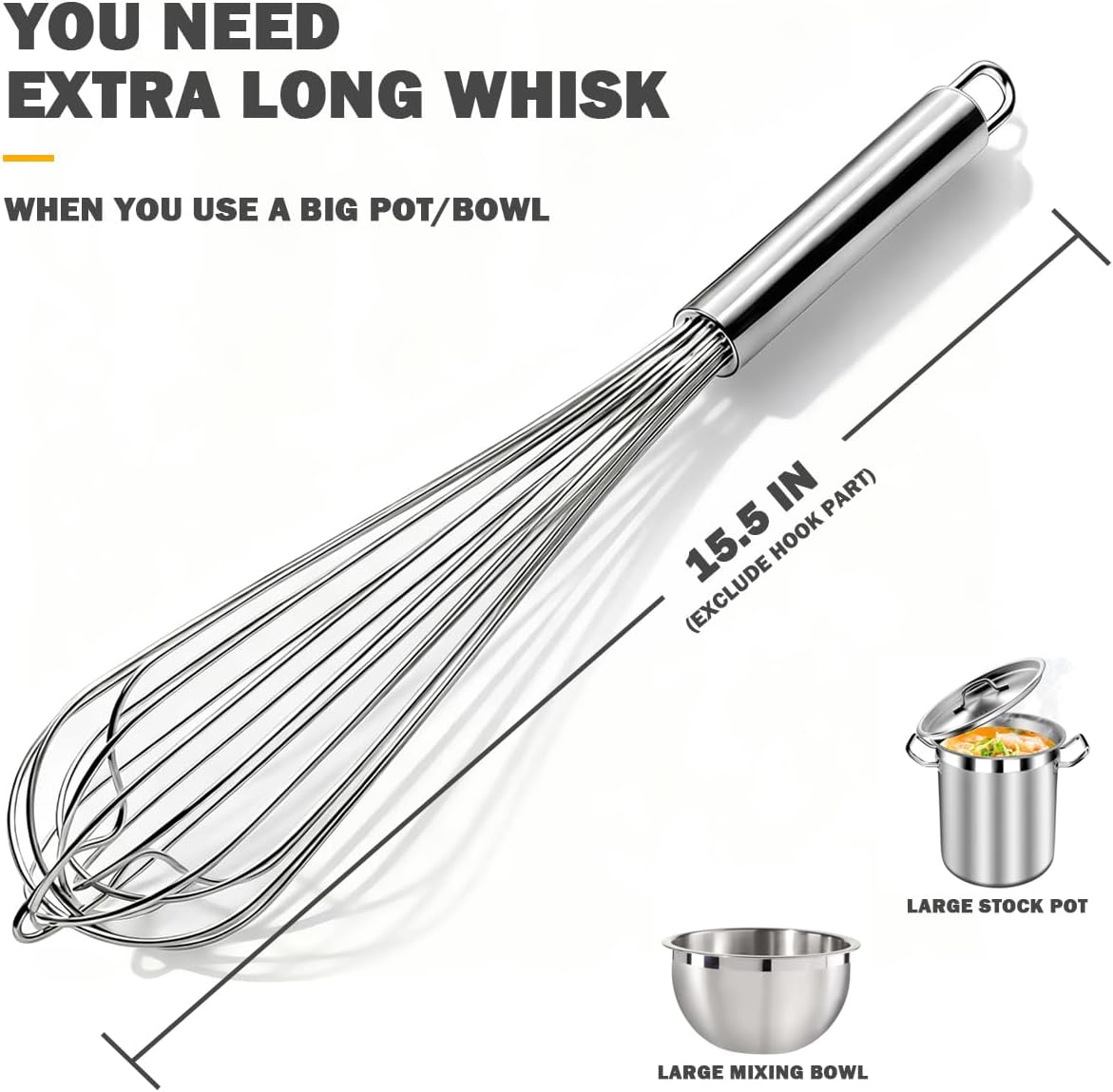18/8 Stainless Steel Large Whisk Set of 2, 15.5 inch Heavy Duty Long Whisk and 12 inch Whisks, Suitable for Deep Pots or Big Bowl, Mixing, Beating, Blending