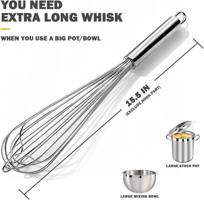 18/8 Stainless Steel Large Whisk Set of 2, 15.5 inch Heavy Duty Long Whisk and 12 inch Whisks, Suitable for Deep Pots or Big Bowl, Mixing, Beating, Blending