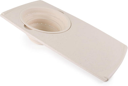 Over the Sink Poly Cutting Board with Collapsible Colander Strainer, 11.5 x 20", Natural/Gray
