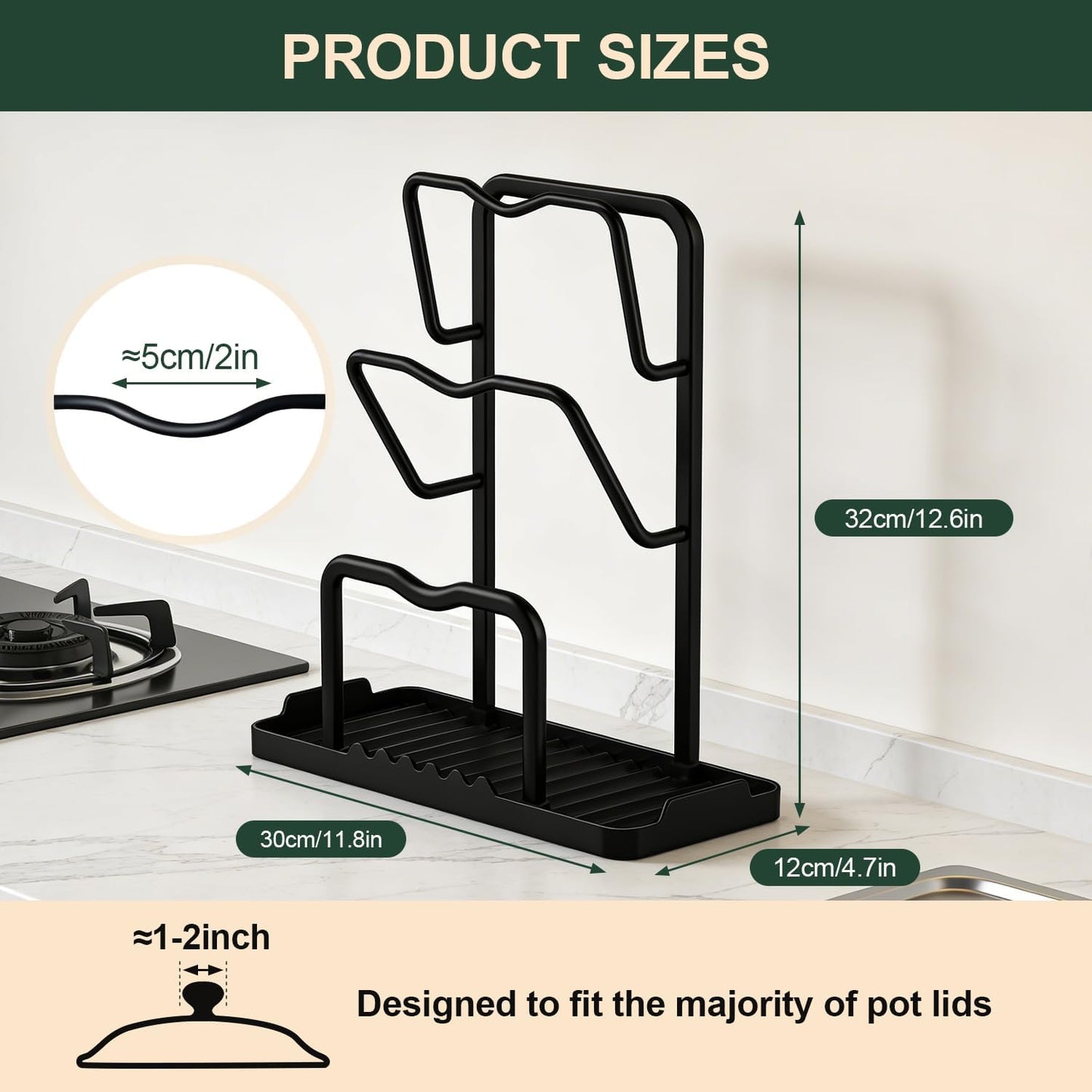 Kitchen Pot Lid Storage Rack: Carbon Steel Double Layer Pot Lid Organizer with Tray, Multifunctional Pot Lid Holder While Cooking, Saving Space Organizer Storage for Kitchen Countertop (Black)
