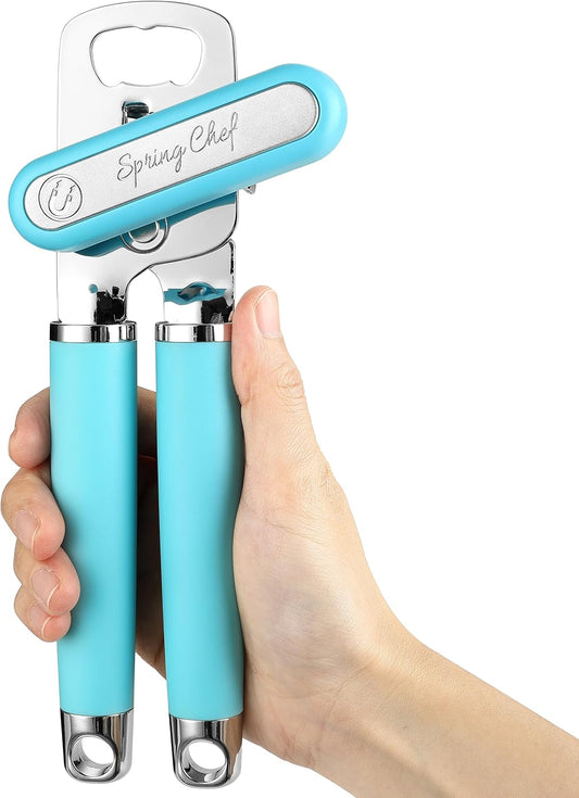 Spring Chef Stainless Steel Can Opener - Manual with Soft Grip Handles, Easy Turn, Heavy Duty Hand Can Openers for Seniors with Smooth Edge - Magnetic Lid Remover - Black