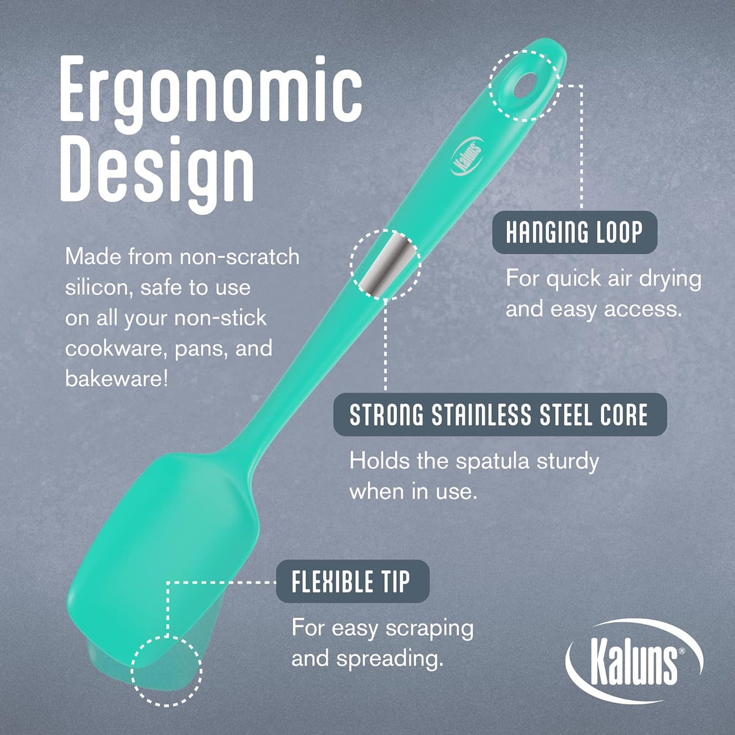 Kaluns Silicone Spatula Set, 4 Rubber Spatulas 600°F Heat Resistant, Nonstick Seamless Design with Stainless Steel Core, Dishwasher Safe, BPA free, Bonus Tongs Included