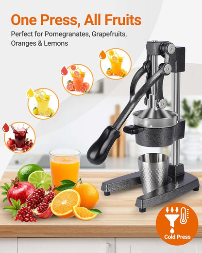 Heavy Duty Cast Iron Manual Juicer, Professional Citrus Press Squeezer for Orange, Pomegranate, Lemon & Lime, Commercial Hand Press Juicer with 304 Stainless Steel Cup