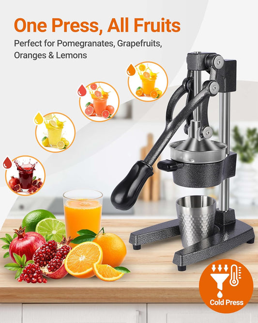 Heavy Duty Cast Iron Manual Juicer, Professional Citrus Press Squeezer for Orange, Pomegranate, Lemon & Lime, Commercial Hand Press Juicer with 304 Stainless Steel Cup