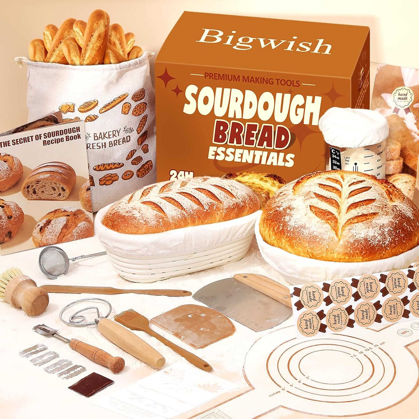 Sourdough Starter Kit for Beginners – Complete Sourdough Kit with Banneton Basket, Bread Lame with Blades, Starter Jar, Bread Stencil, Dough Scraper & Recipe Guide – Sourdough Bread Making Kit