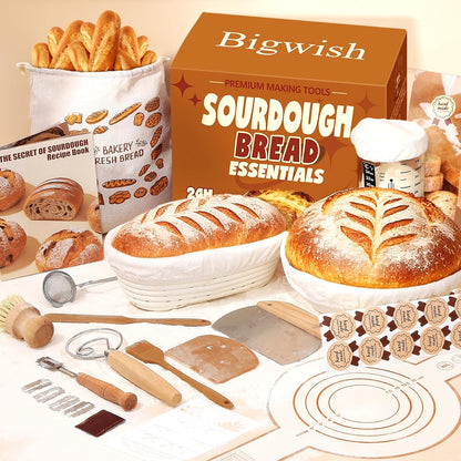 Sourdough Starter Kit for Beginners – Complete Sourdough Kit with Banneton Basket, Bread Lame with Blades, Starter Jar, Bread Stencil, Dough Scraper & Recipe Guide – Sourdough Bread Making Kit