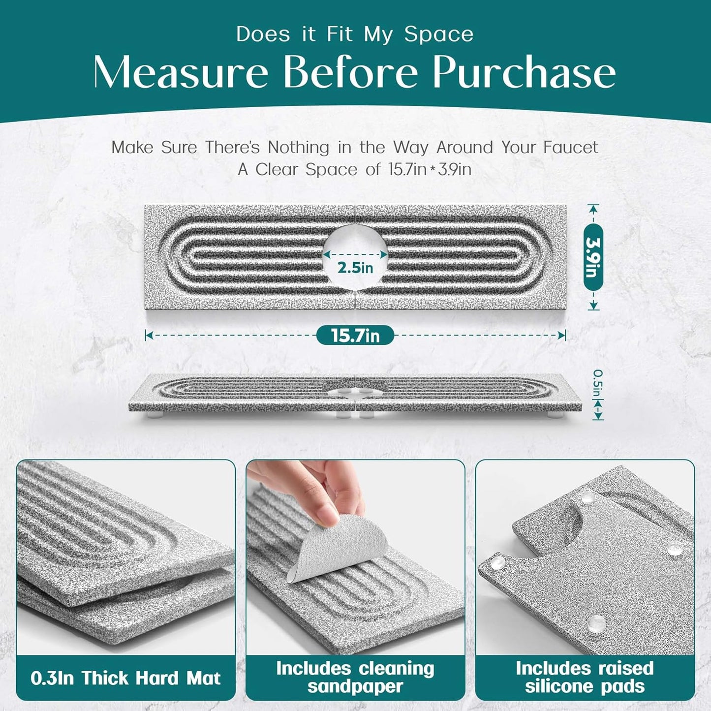 Eormoe Faucet Mat for Kitchen Sink – Diatomite Stone Drying Mat & Sink Protectors, Prevent Moisture – Sink Splash Guard Water-Absorbing Stone Tray for Bathroom Counter (Light Grey, 23.6" x 3.9")