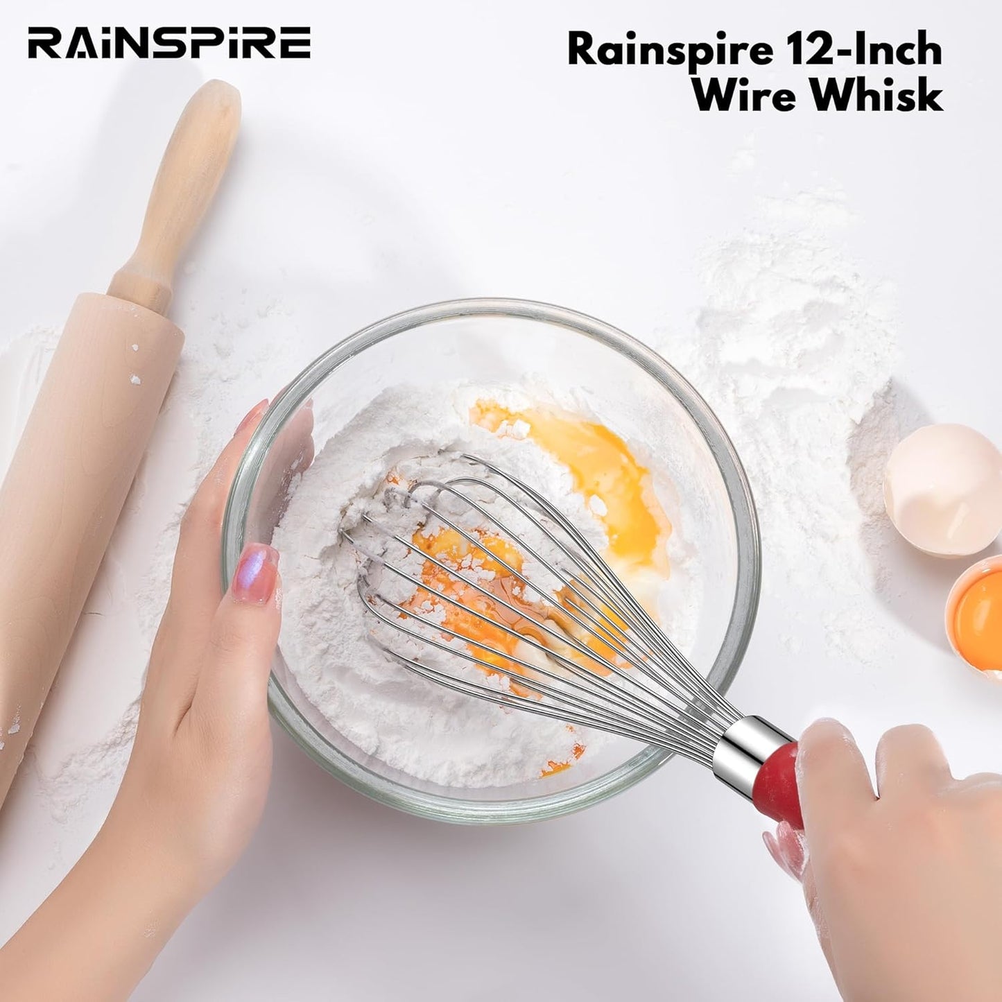 Rainspire 12-Inch Wire Whisk Stainless Steel, Balloon Whisks for Cooking, Wisk Wisking Tool With Soft Silicone Handle, Thick Durable Whisker for Blending, Beating, Whisking, Stirring, Pink