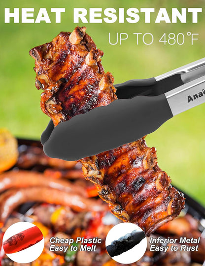 Anaeat Non-Stick Silicone Locking Tong Set of 3 - Stainless Steel 7", 9", 12" Kitchen Food Tongs with Non-Slip Silicone Tips and Grip for Cooking, Baking and BBQ - Heat Resistant up to 480°F (Black)