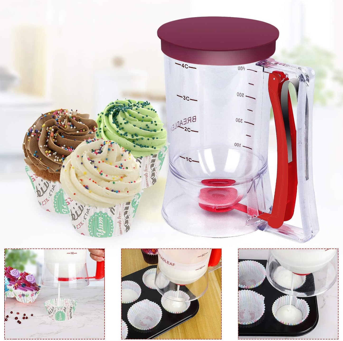 BBSTARZ Pancake Batter Dispenser – 4-Cup Batter Dispenser with Squeeze Handle & Measuring Marks for Pancakes, Waffles, Muffins, Crepes & Cupcakes – Baking Tool(Red)