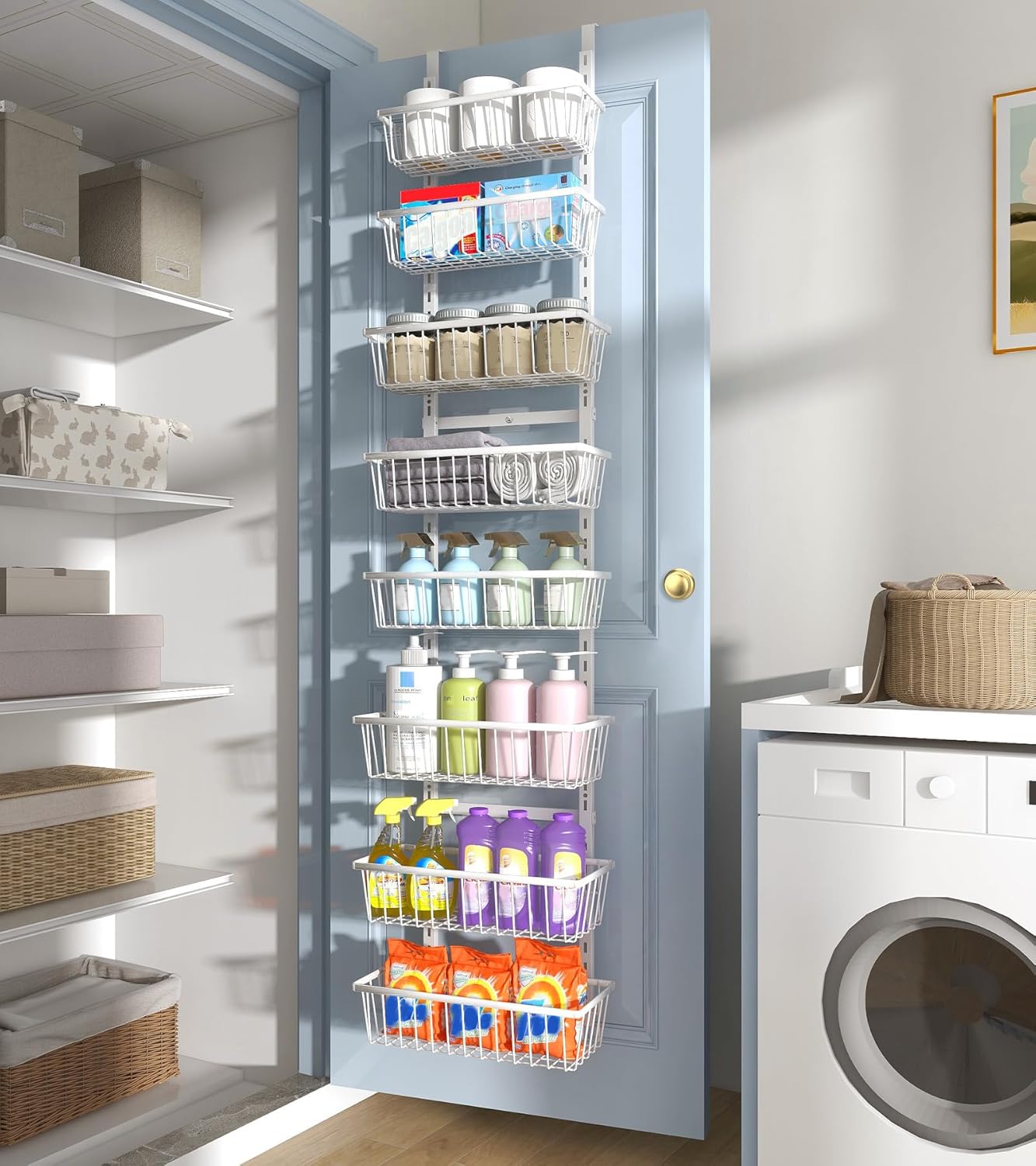 Mefirt White 9-Tier Over The Door Pantry Organizer, Pantry Organization and Storage, Deep Baskets Hanging Heavy-Duty Metal, Wall Spice Rack Seasoning Shelves for Home & Kitchen, Laundry Room Bathroom