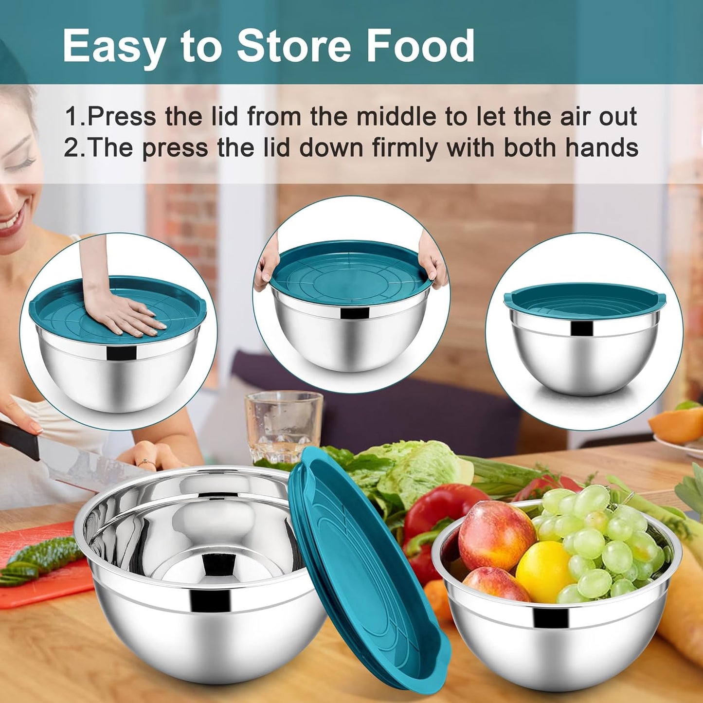 E-far Mixing Bowls with Lids, 6-Piece Stainless Steel Salad Bowls Metal Nesting Bowls for Baking Cooking and Prepping, Airtight Lids & Stackable Design, Size 4.5, 3, 1.5 QT (Black)