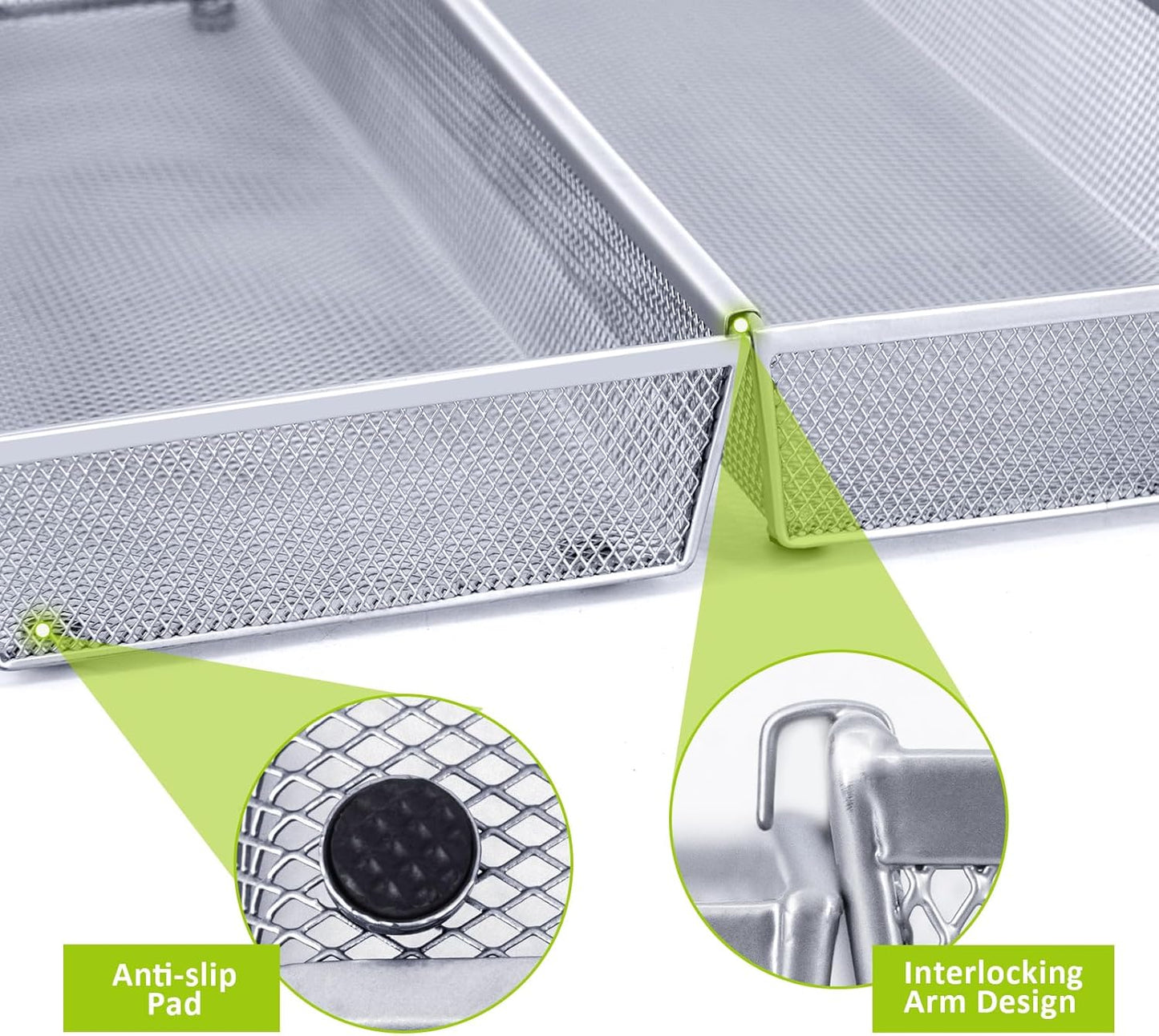 Neudeco Silverware Drawer Organizer - 5 Compartment Cutlery Tray with Non-Slip Feet, Mesh Wire Flatware Storage Divider for Kitchen, Bedroom, Living Room (Silver)