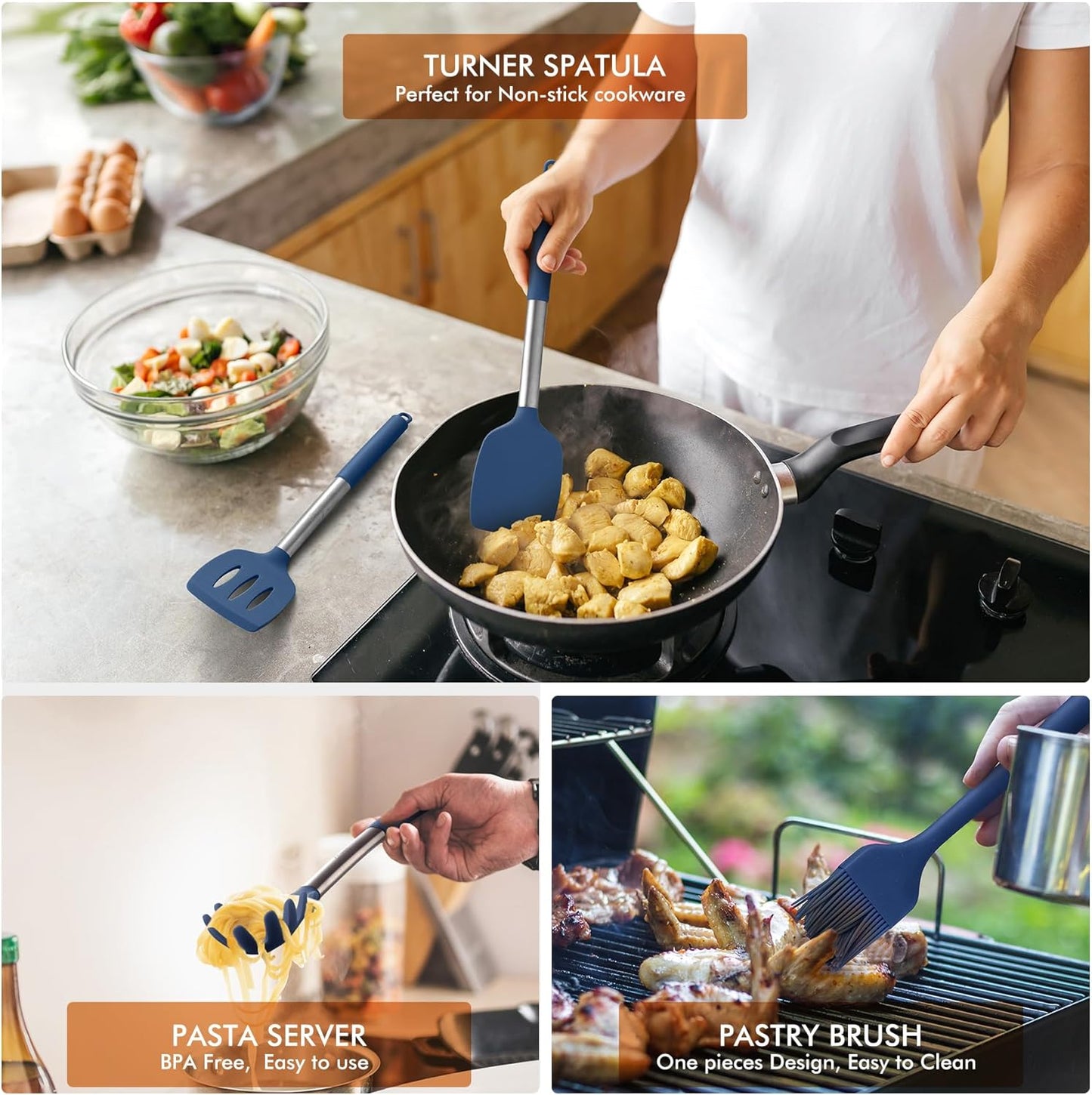 HOTEC 446°F Heat Resistant Silicone Kitchen Utensils, Cooking Utensil Set, Spatula Set, BPA Free, Kitchen Gadgets, Utensils Holder, Dishwasher Safe, 14pcs Multicolor