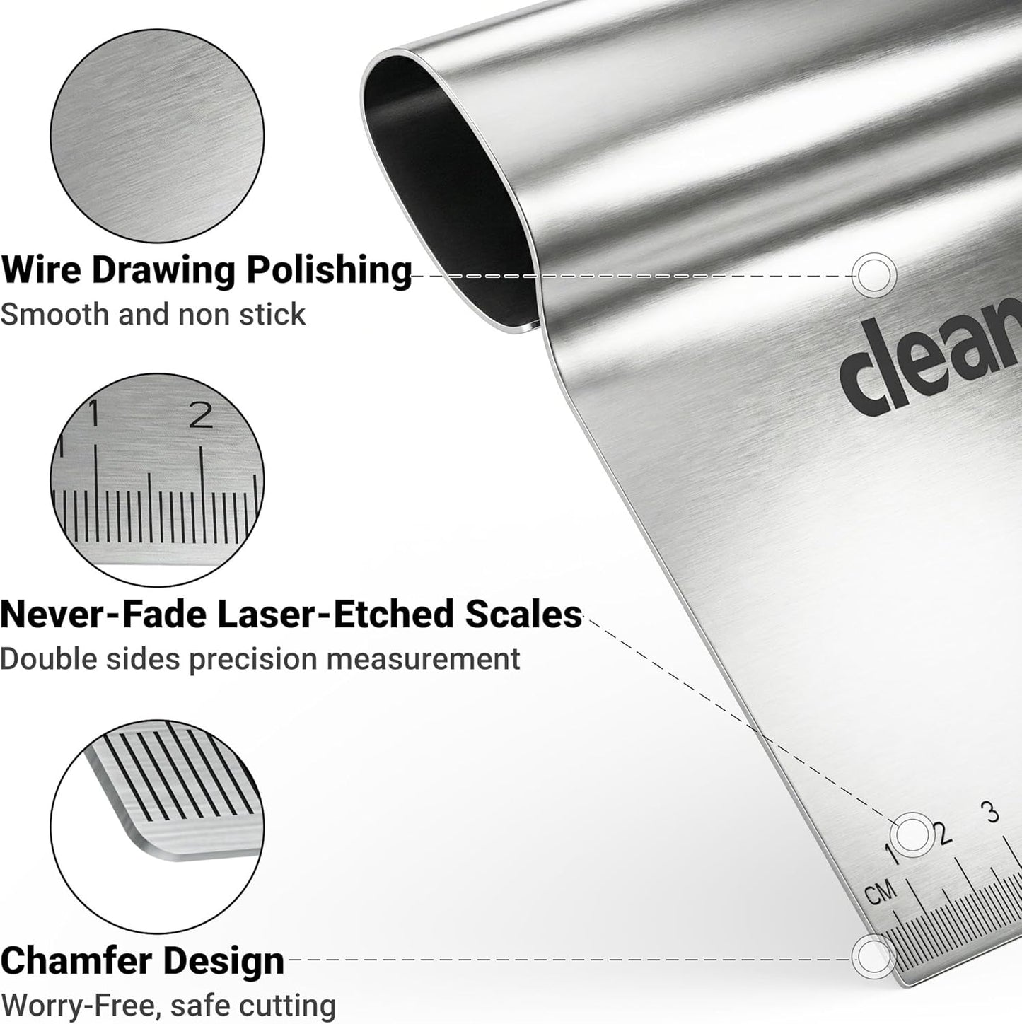 Bench Scraper Kitchen & Dough Scraper Tool - Stainless Steel Multi-Purpose Scraper & Chopper with Laser-Etched Metric Scale - Heavy Duty Pastry Cutter & Griddle Tool for Bread, Pizza & Baking
