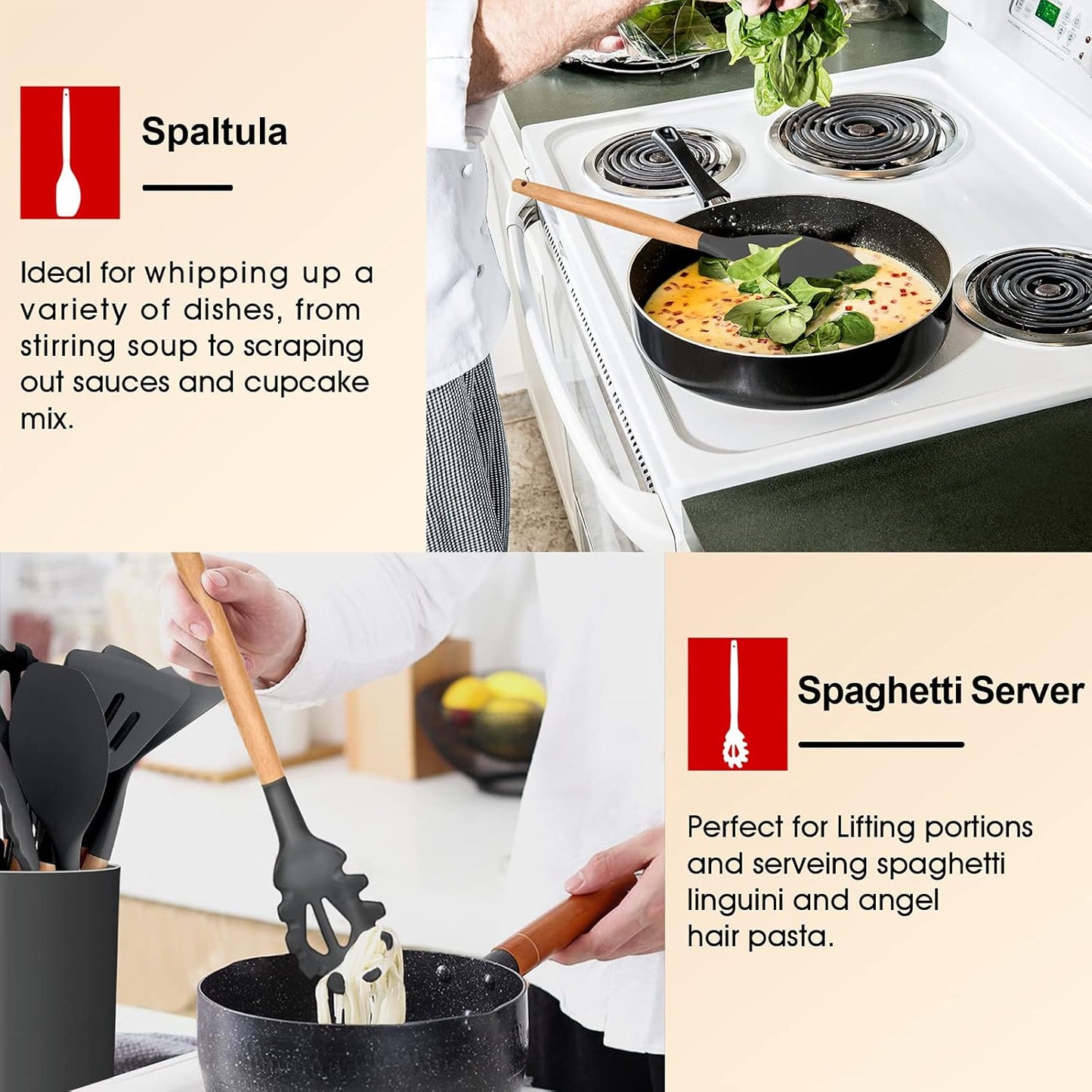 E-far Cooking Utensils Set of 6, Silicone Kitchen Utensils with Wooden Handle, Non-stick Cookware Friendly & Heat Resistant, Includes Spatula/Ladle/Slotted Turner/Serving Spoon/Spaghetti Server(Khaki)
