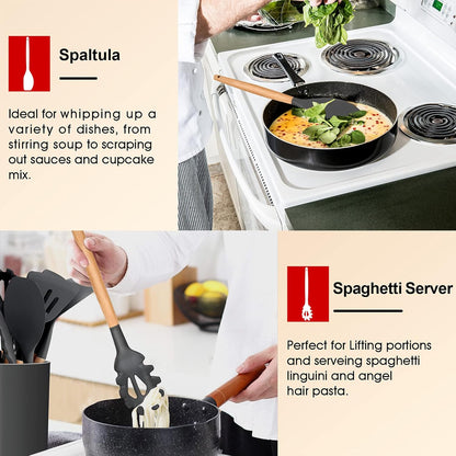 E-far Cooking Utensils Set of 6, Silicone Kitchen Utensils with Wooden Handle, Non-stick Cookware Friendly & Heat Resistant, Includes Spatula/Ladle/Slotted Turner/Serving Spoon/Spaghetti Server(Khaki)