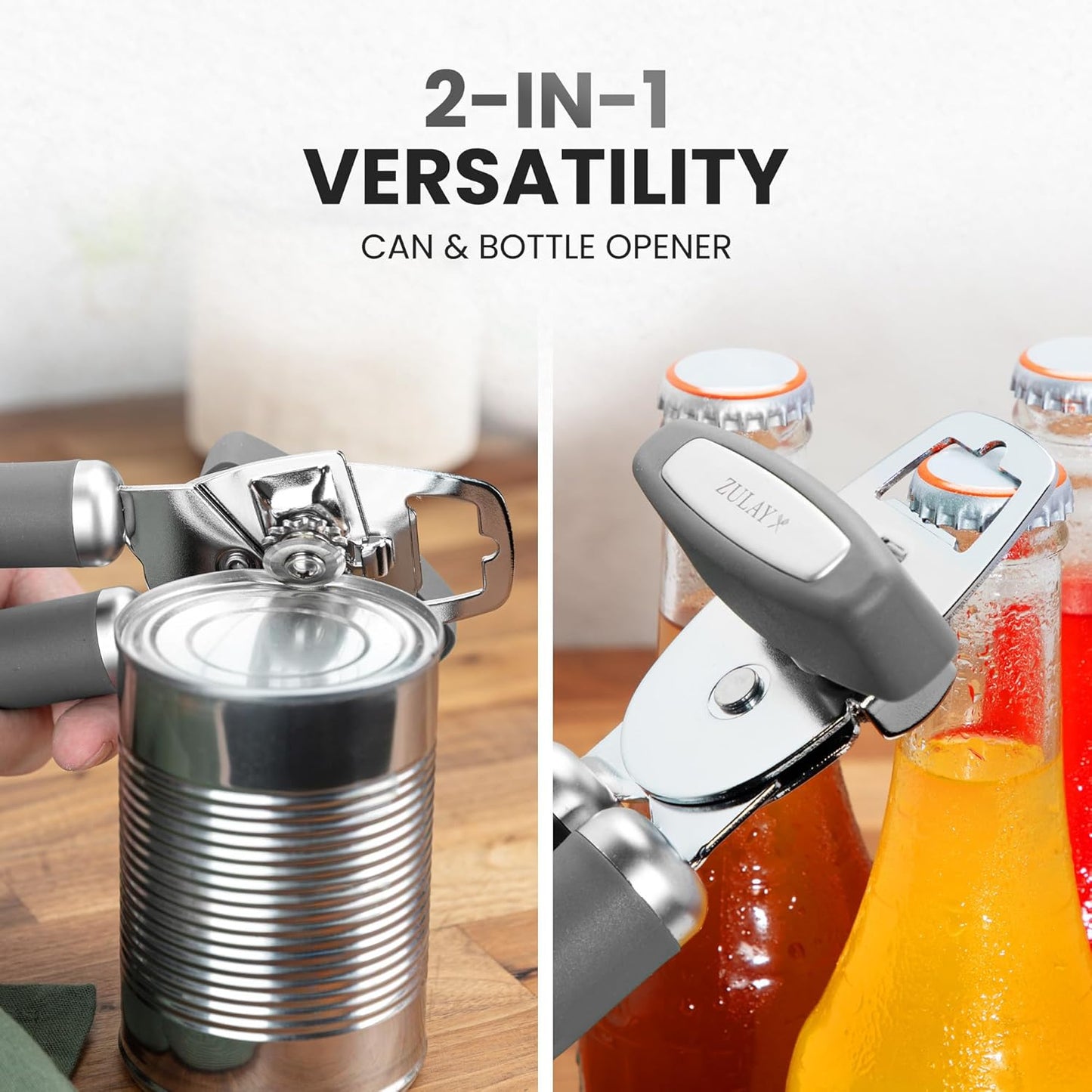 Zulay Kitchen Heavy Duty Stainless Steel Can Opener Manual with Bottle Opener - Rust Proof Manual Can Opener With Turn Knob & Comfy Soft Grip Handles - Black