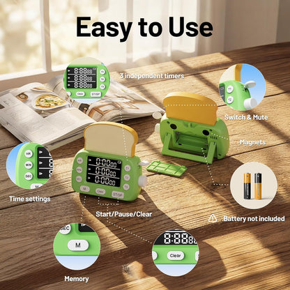 Digital Kitchen Timer for Cooking - 3 Channel Countdown Timer and Stopwatch with Strong Magnets,Silent Mode, LED Display, Memory, Timers for Cooking, Oven, Egg, Baking, Grilling, Teaching