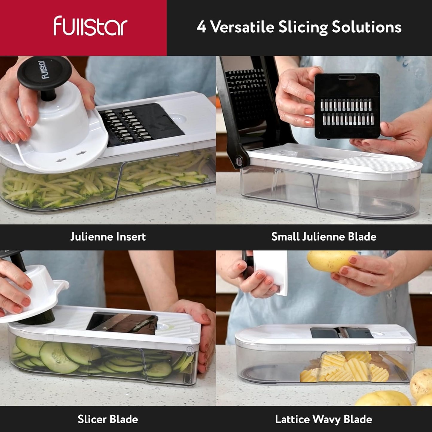 Fullstar Mandoline Slicer for Kitchen - Vegetable Chopper, Onion Potato Food Veggie Fruit Slicer and Cutter with Container, Kitchen Gadgets & Gifts, Home Essentials (6-in-1, White/Black)
