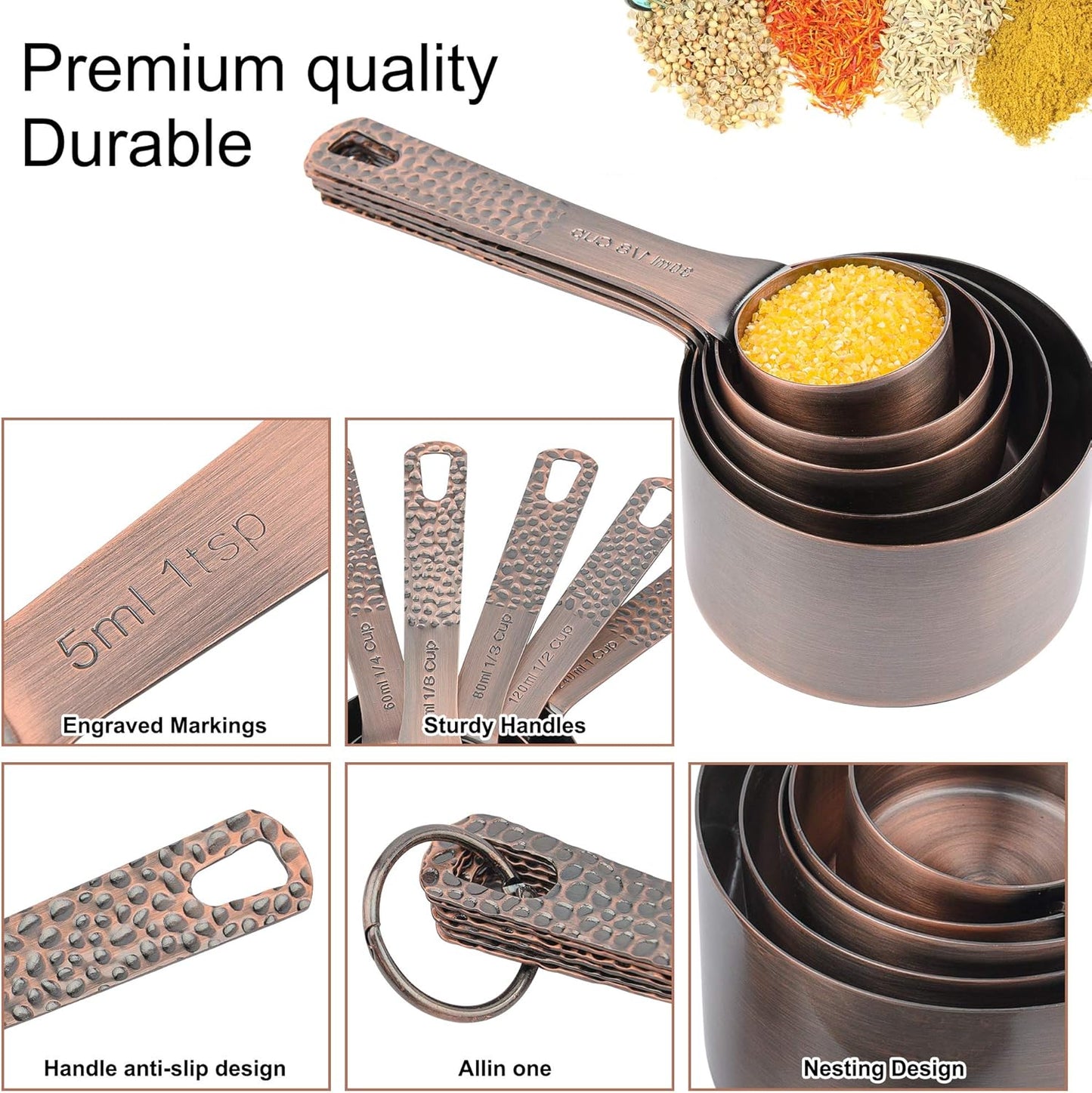 Measuring Spoons Set, 18/8 Stainless Steel Measuring Spoons Set for Dry&Liquid, Metal Metric & US Measuring Spoon with 1 Leveler and Locking Ring for Kitchen & Baking