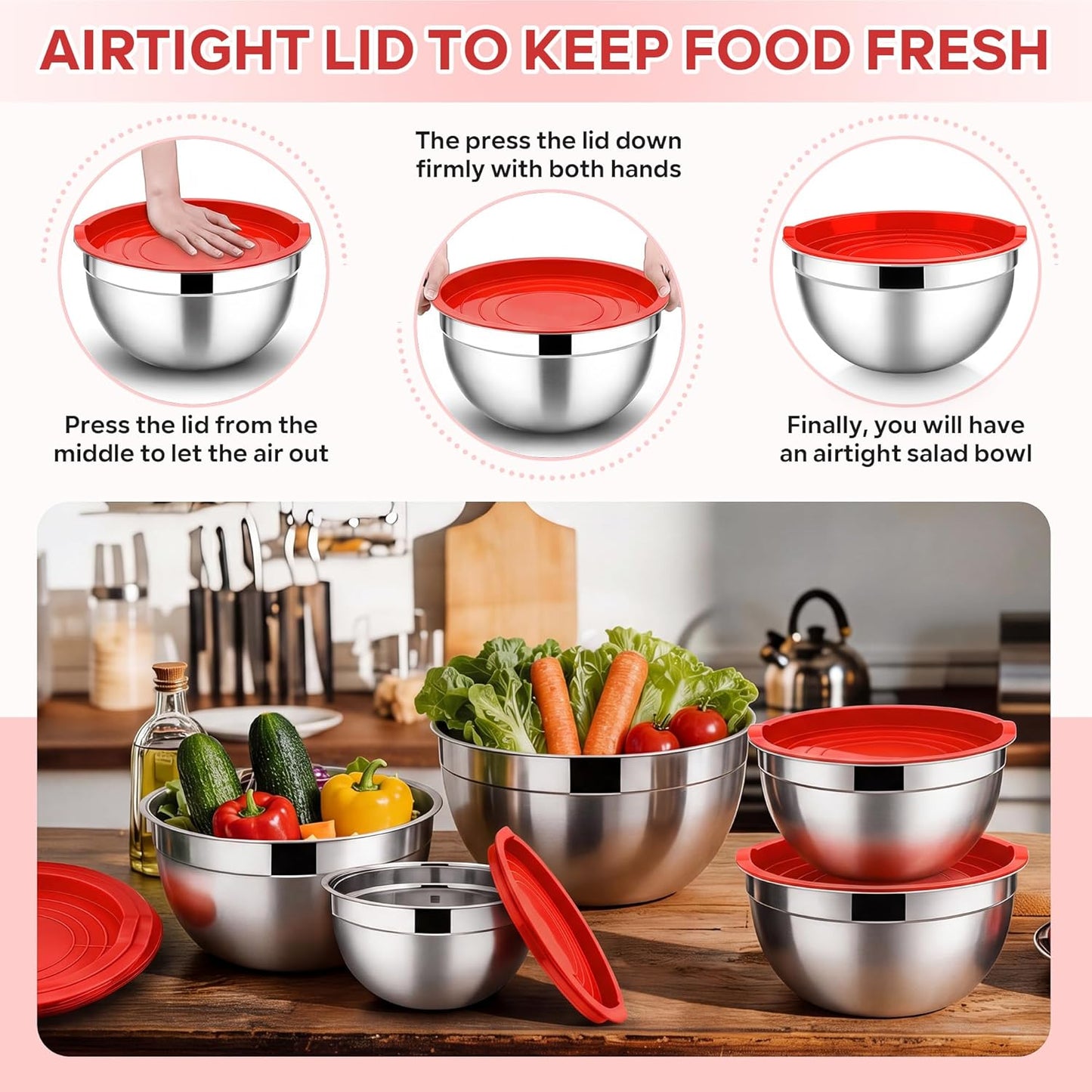 E-far Mixing Bowls with Lids, 6-Piece Stainless Steel Salad Bowls Metal Nesting Bowls for Baking Cooking and Prepping, Airtight Lids & Stackable Design, Size 4.5, 3, 1.5 QT (Black)