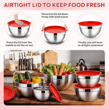 E-far Mixing Bowls with Lids, 6-Piece Stainless Steel Salad Bowls Metal Nesting Bowls for Baking Cooking and Prepping, Airtight Lids & Stackable Design, Size 4.5, 3, 1.5 QT (Black)